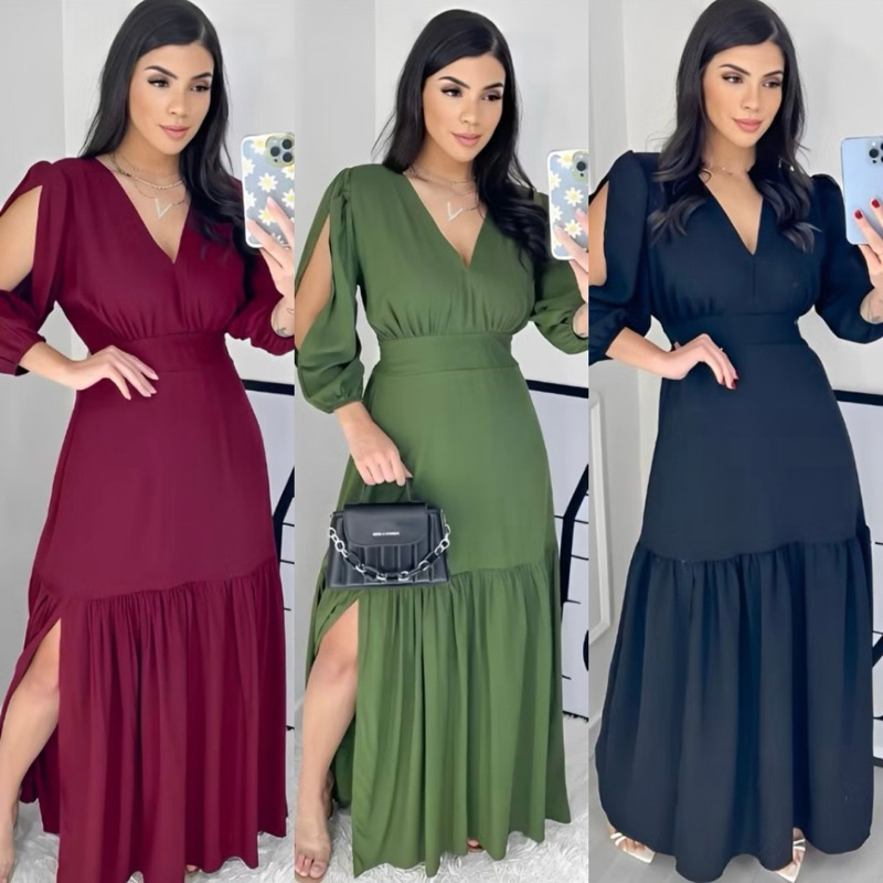 Vestido Longo Feminino Elegante De Manga 3/4 Com B