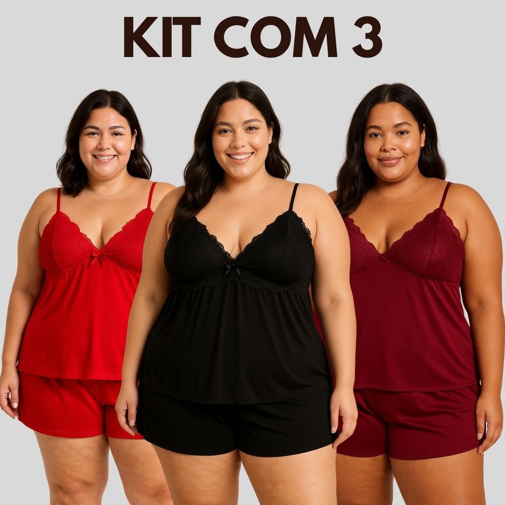 Kit 3 Pijamas Feminino Plus Size Liso Baby Doll Sh