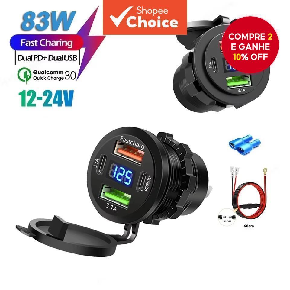 83W Carregador Veicular USB PD Tipo C com Tomada D