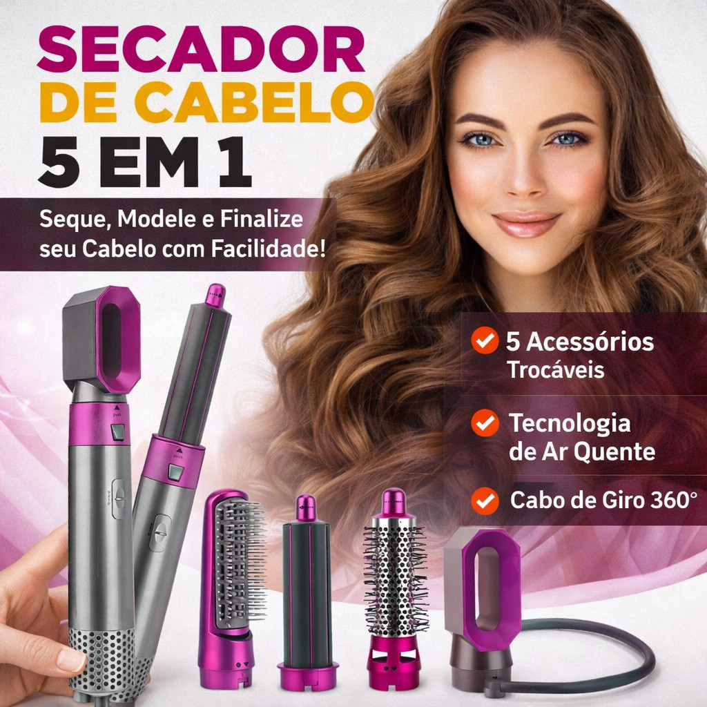 Escova 5 em 1 Secador, Pente, Modelador, Aumenta v