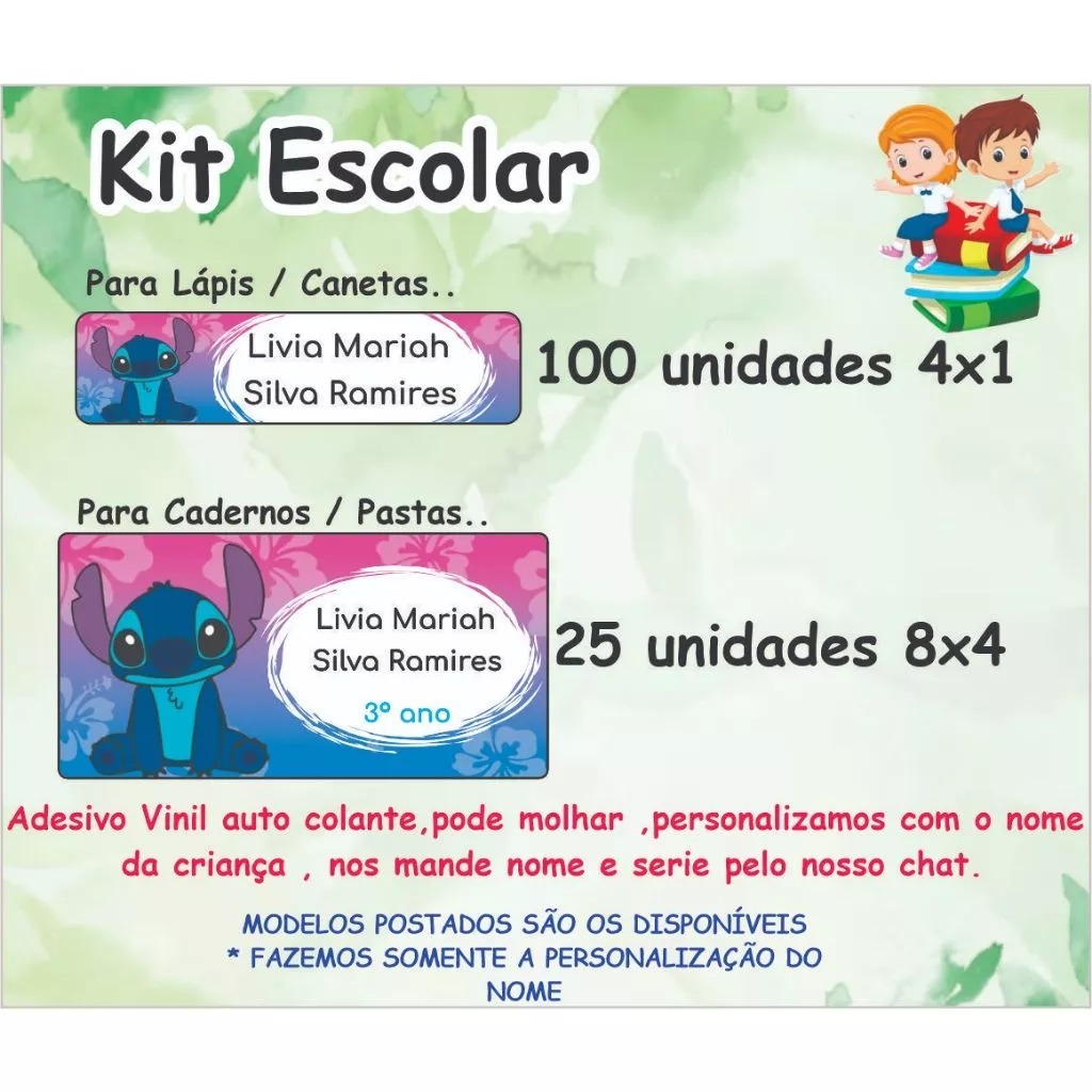 Kit 125 etiquetas adesivo escolar c/ nome para mat
