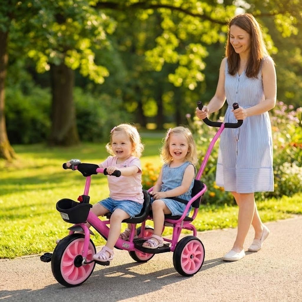 Triciclo Duplo Infantil 2 Lugares Empurrador Carri