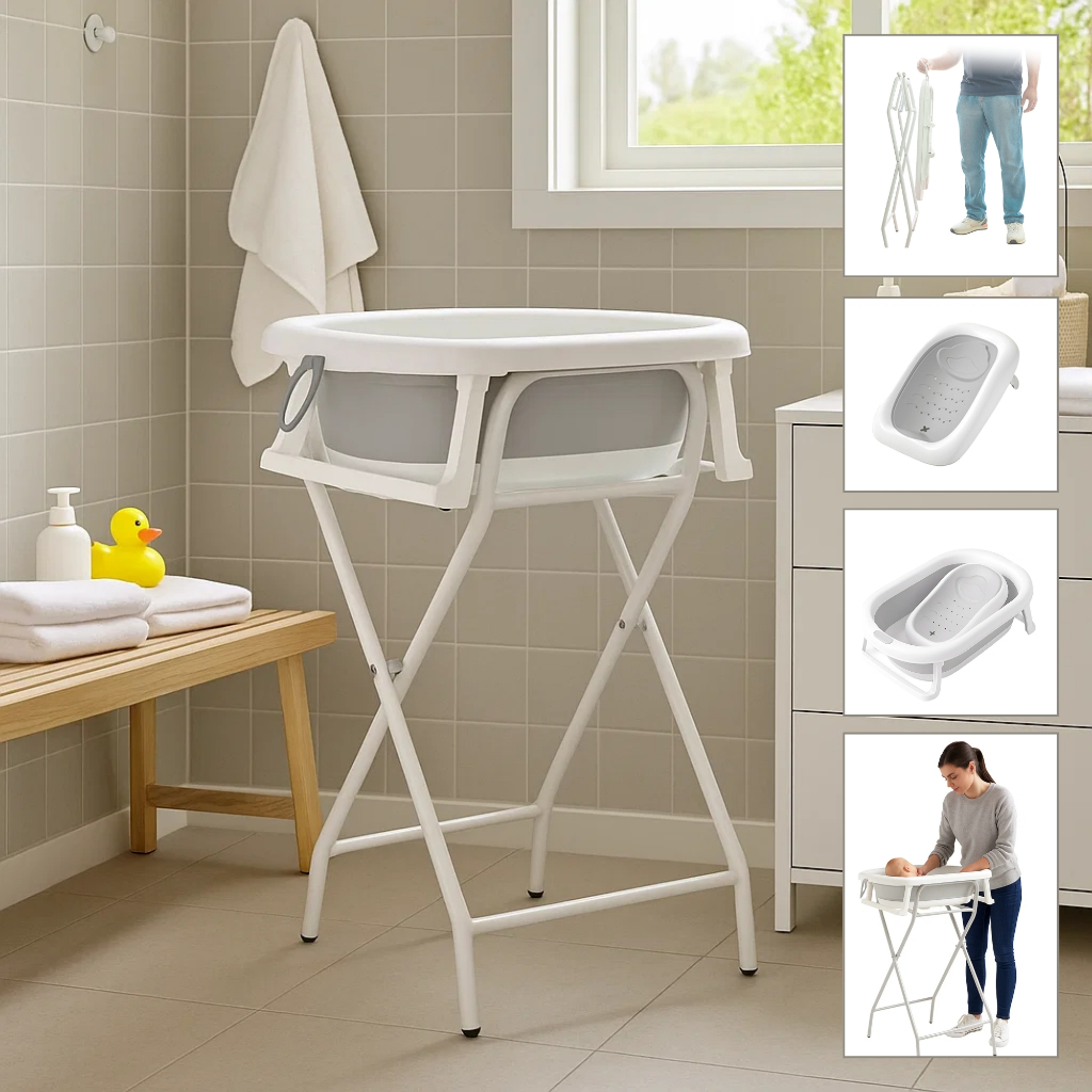 Banheira Dobrável Bebê Suporte de Altura e Encos