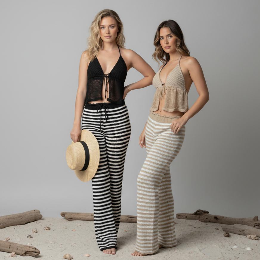 Conjunto Saída de Praia Calça Listrada e Cropped