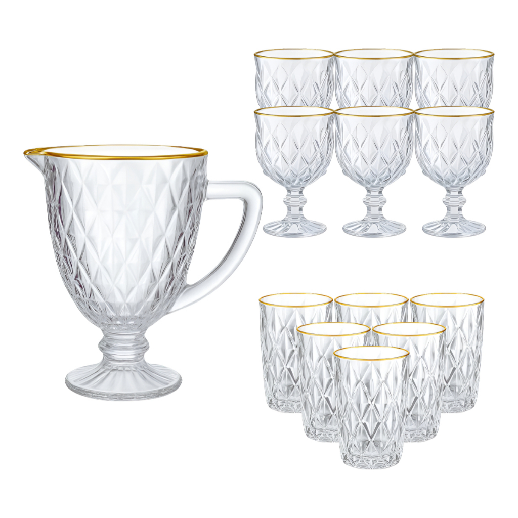 Coleção Diamond com Borda Dourada Jarra, Taças,