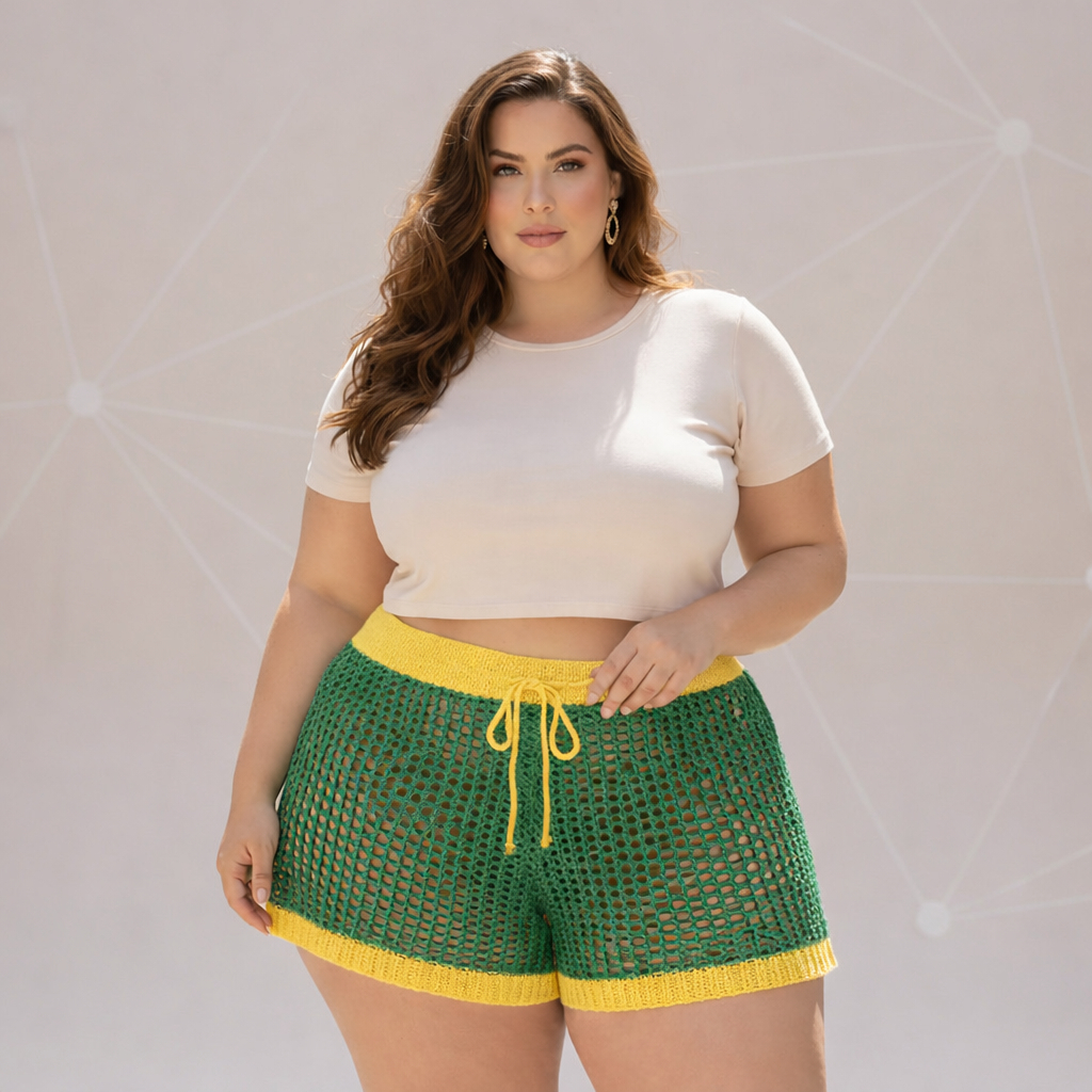 Short Feminino Tricô Crochê Vazado Plus Size Sa�