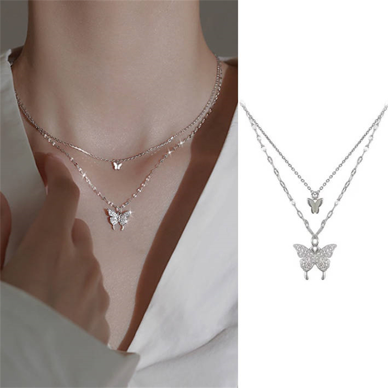 Colar Com Pingente De Borboleta De Camada Dupla Pa