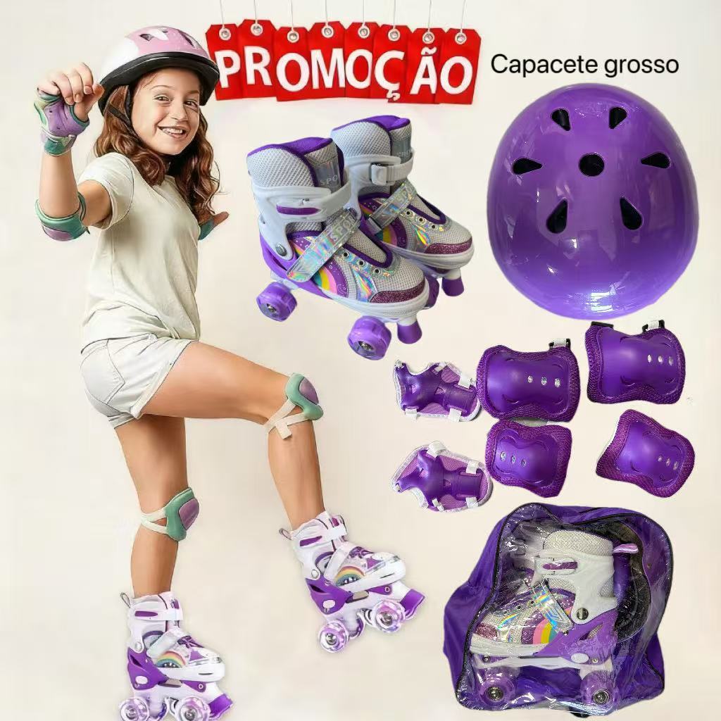Patins Infantil 4 Rodas Menina Com Luz De Led COM