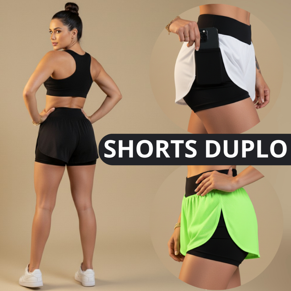 Kit 2 Shorts 2 Em 1 Feminino Cós Alto Duplo Corri