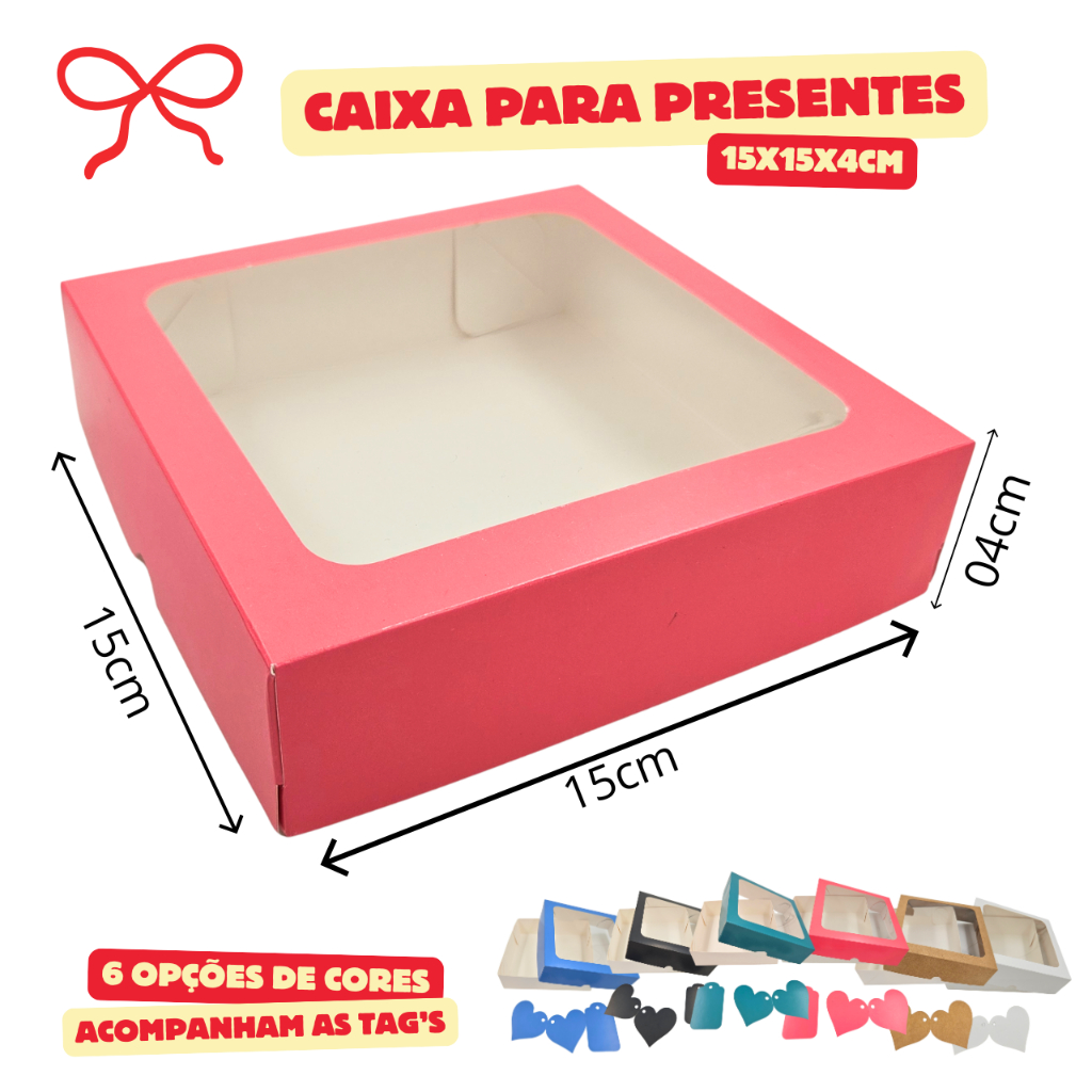 Caixa de Presente com Visor + Tags Coração, Rosa