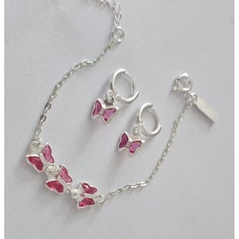 Brinco argola  pulseira Borboletas infantil Prata 