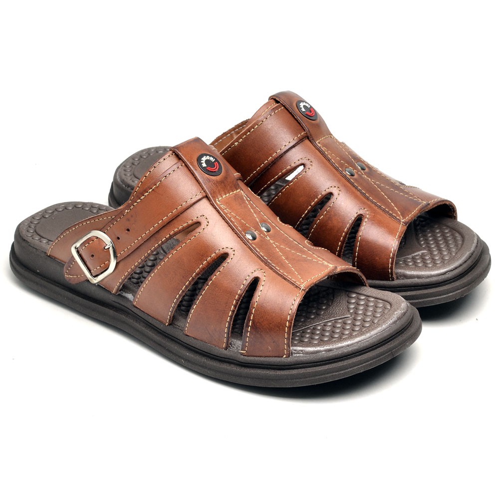 Sandália chinelo masculina macia em couro legitim