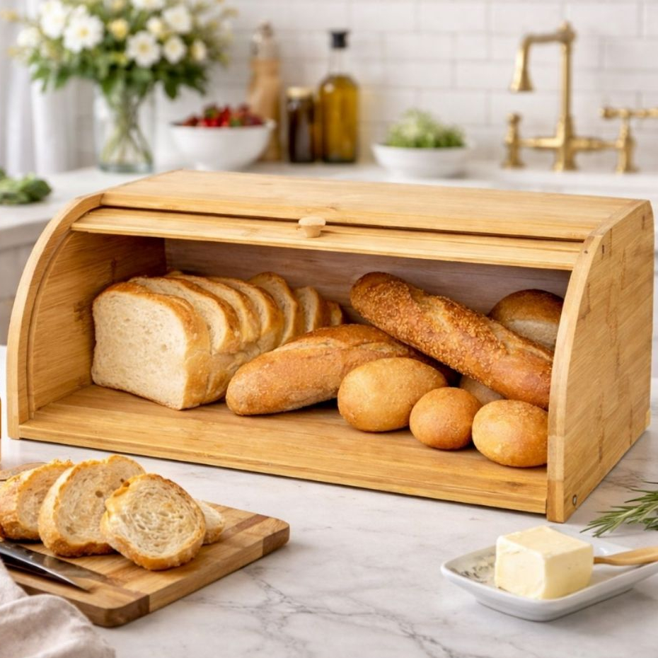 Porta Pão Pães Com Tampa Retrátil Em Madeira Ar