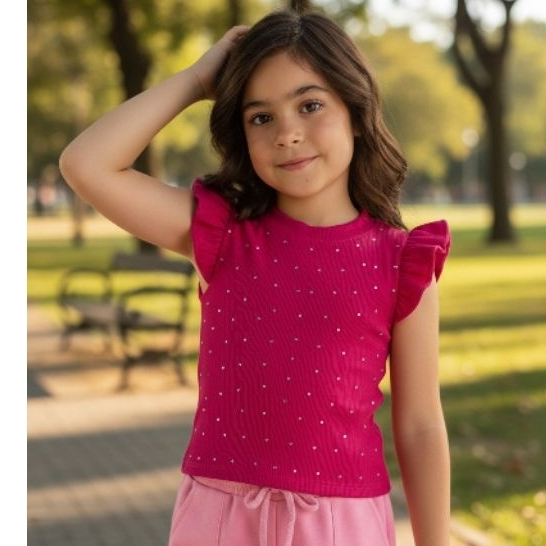 Blusa regata cropped Menina com brilho e pedrinhas