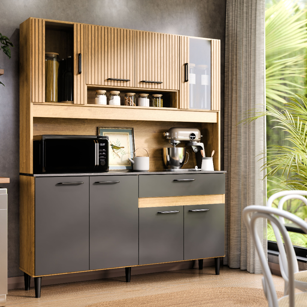 Kit Cozinha Coral 120cm Balcão+Aéreo Ripado MDF/