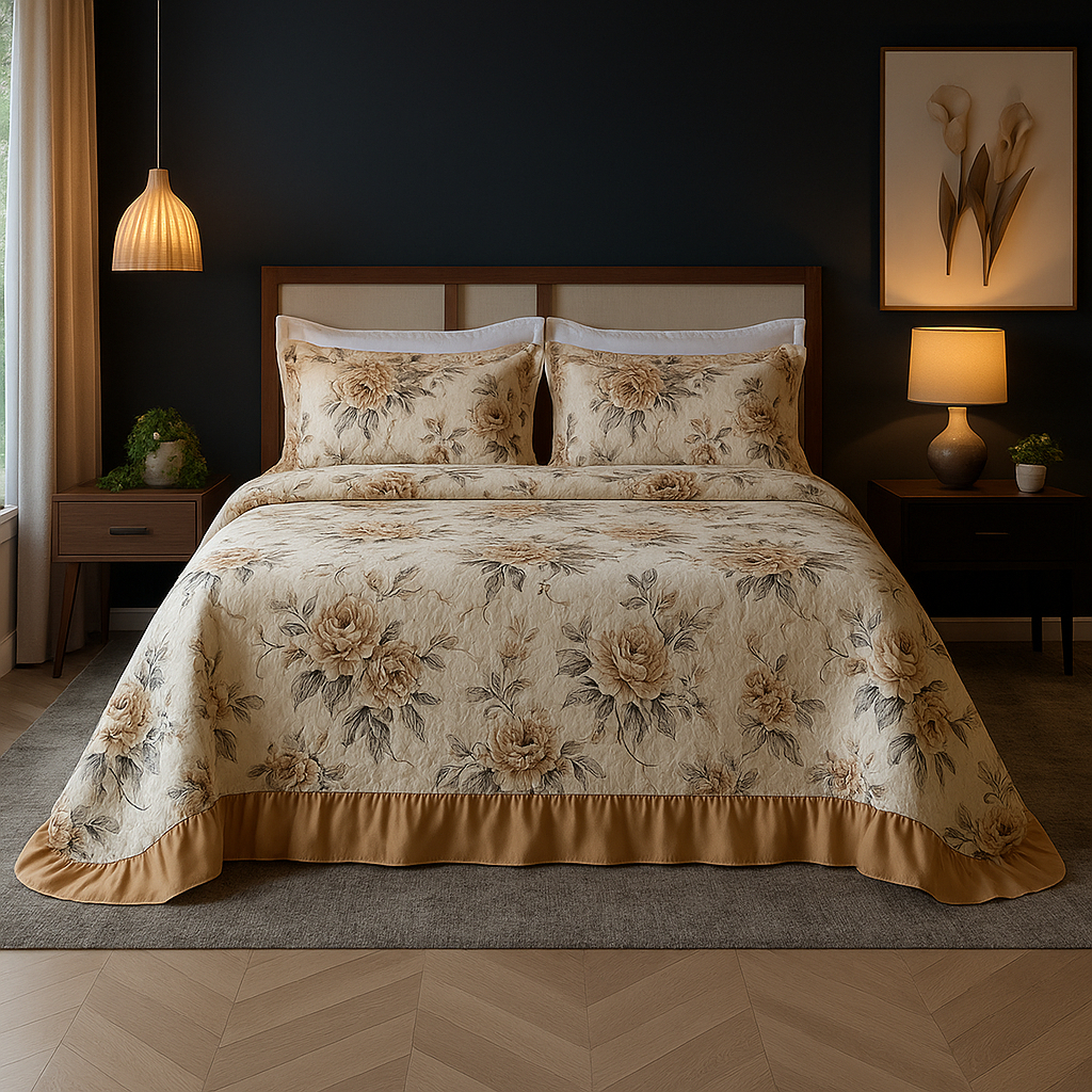 Colcha Queen Com Babado Cama Posta Box Kit 3 Peça