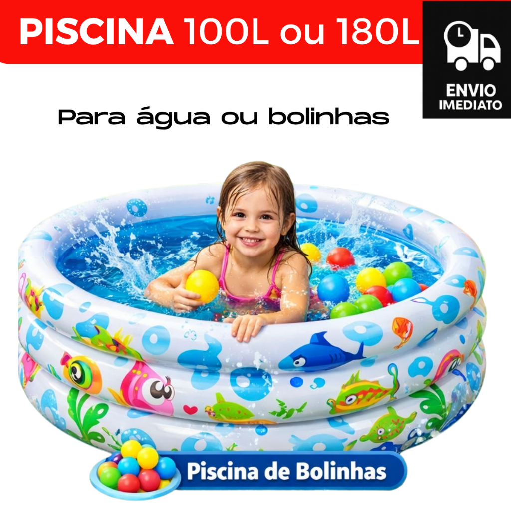 Piscina Infantil Inflável 3 Anéis 100 Litros e 1