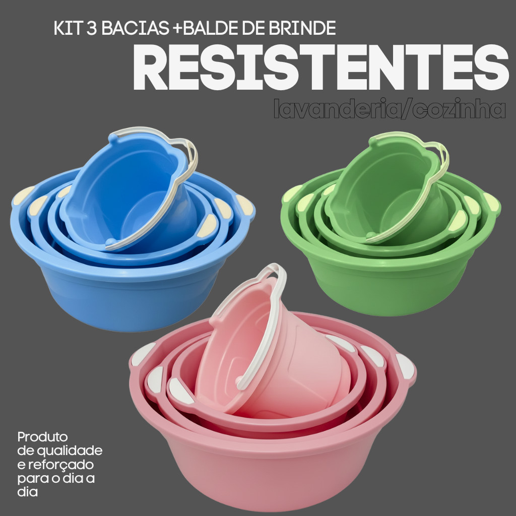 Kit 3 Bacias Plásticas Grandes E Balde Multiuso P