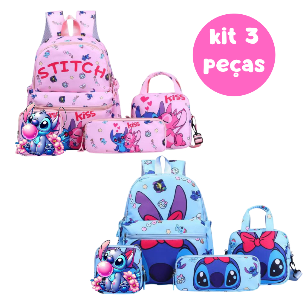 Kit Mochila Escolar Stitch 3 Peças + Estojo + Lan