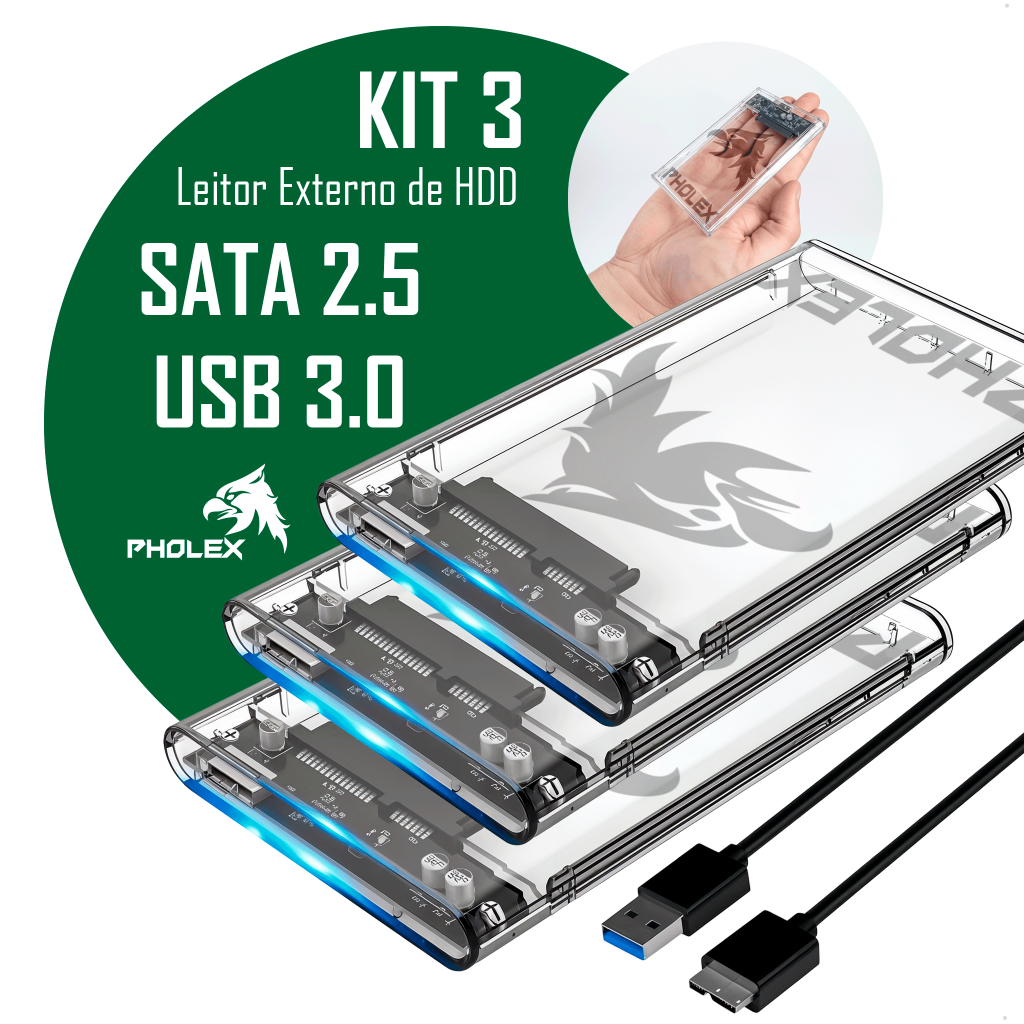 Kit 3 Case Hd Externo Usb 3.0 Transparente Para Hd