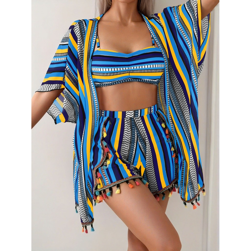 Maiô feminino protetor solar blusa com franjas bi