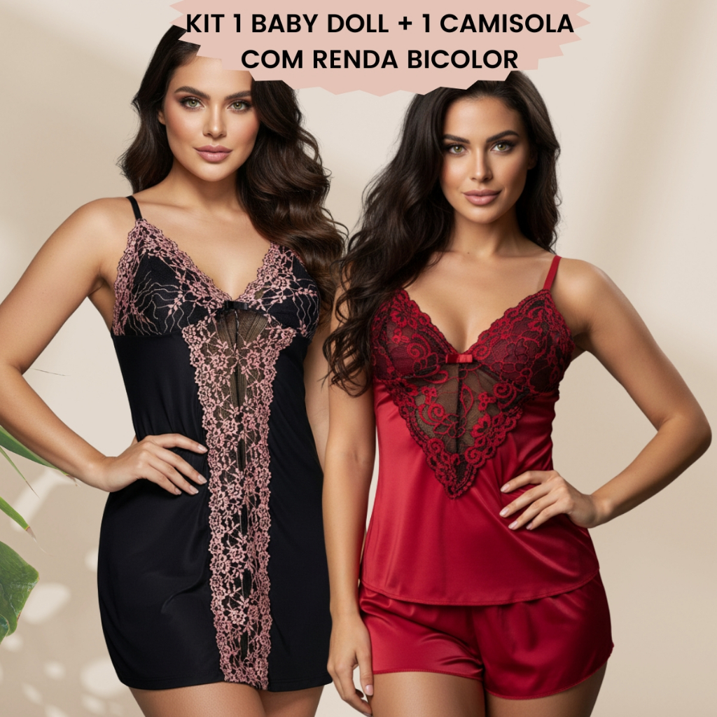 Kit Baby Doll com Camisola Renda Bicolor Confortá