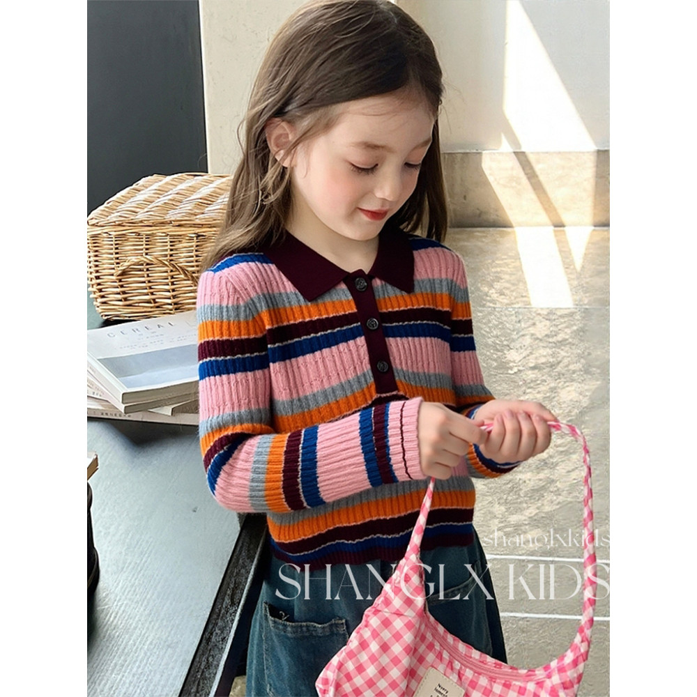 Meninas suéteres arco-íris cor listras POLO malh