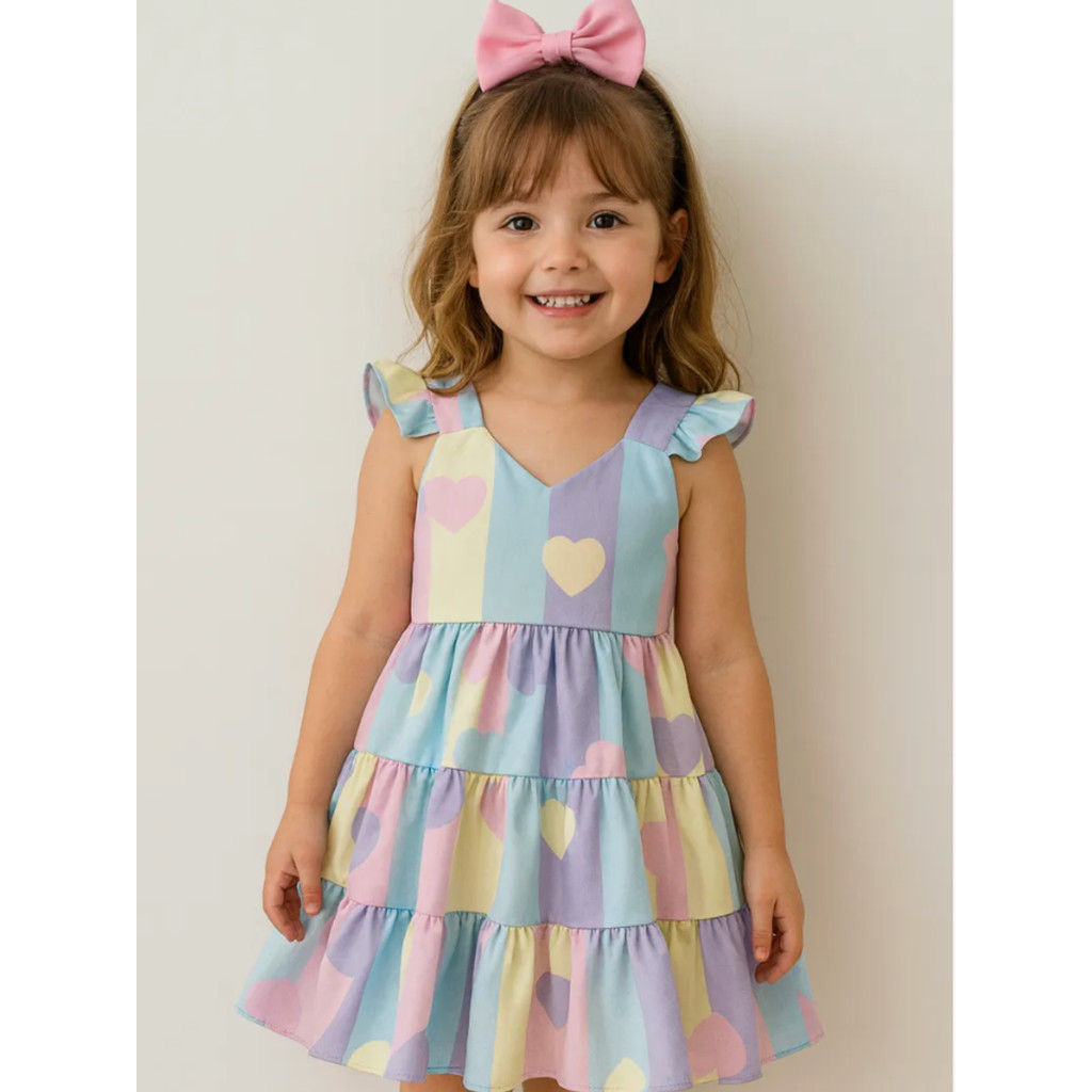 Vestido Colorido Com Corações Moda Infantil Meni
