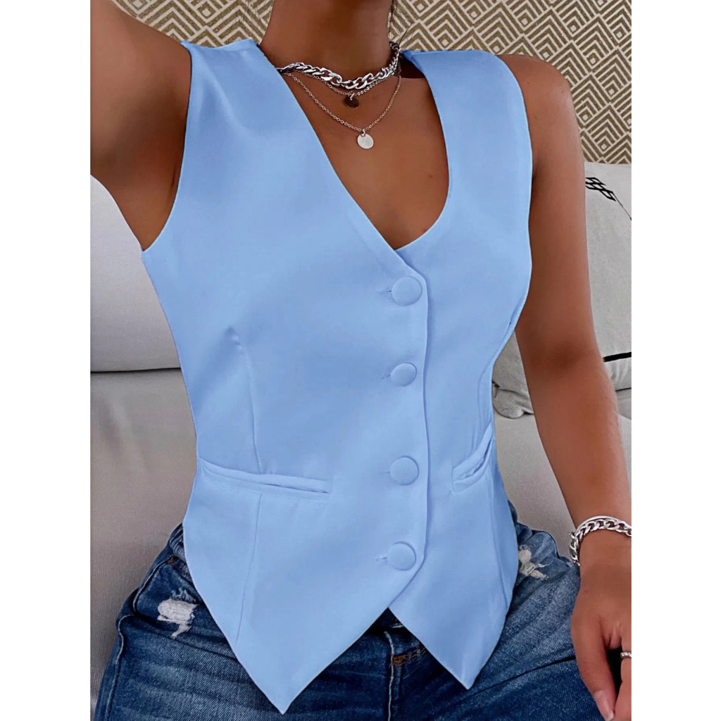 Colete Feminino Alfaiataria Curto com Bolso Falso