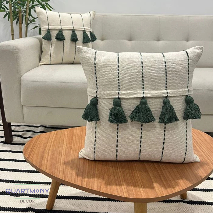Kit 2 Capas Almofadas Pompom Listra Verde Musgo De