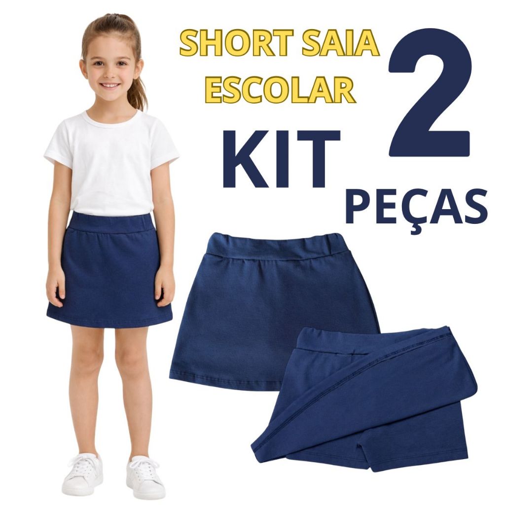 KIT 2 Short Saia Infantil Menina Escolar Azul Mari