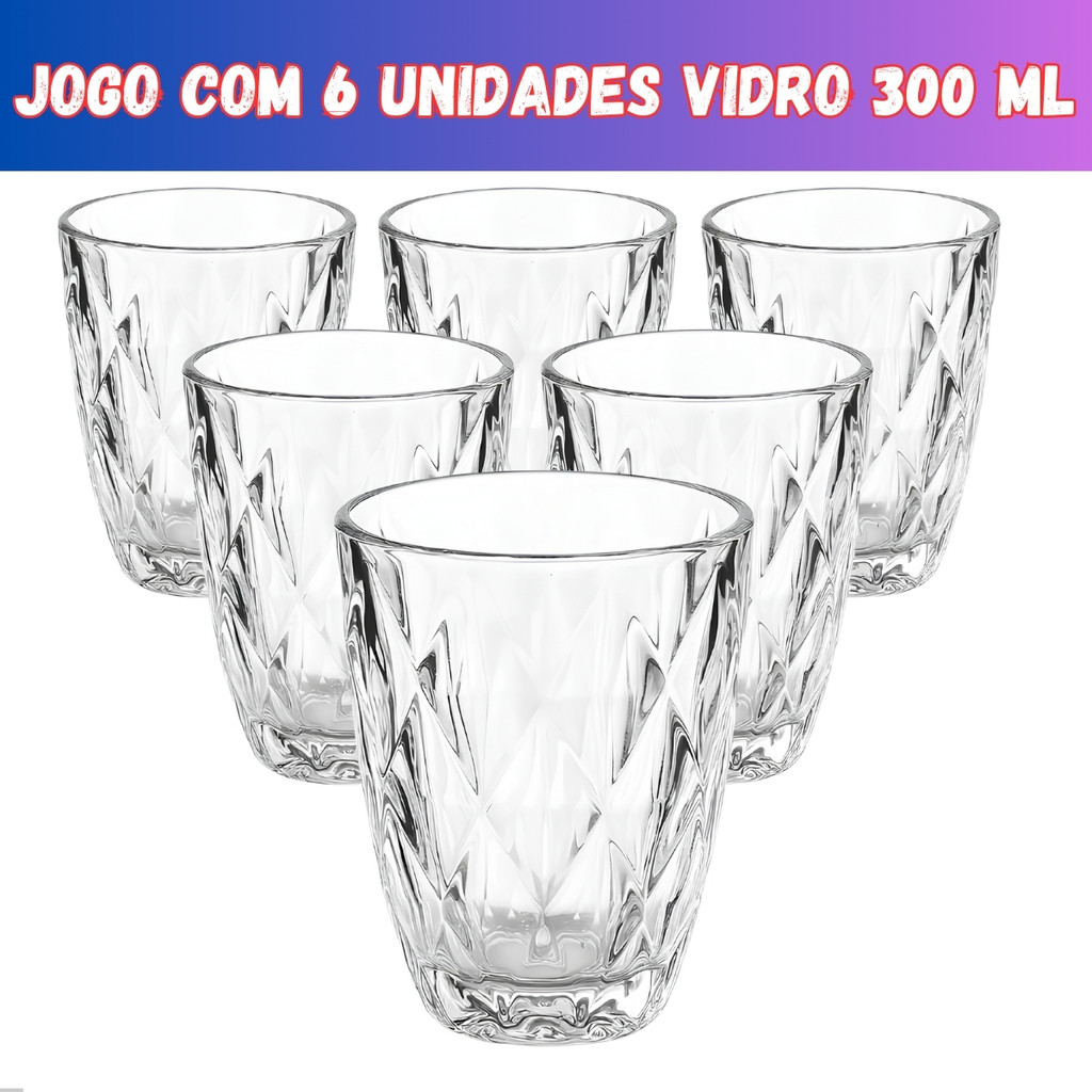 Jogo 6 Copos Baixos Diamond 300ml Vidro Grosso Dia