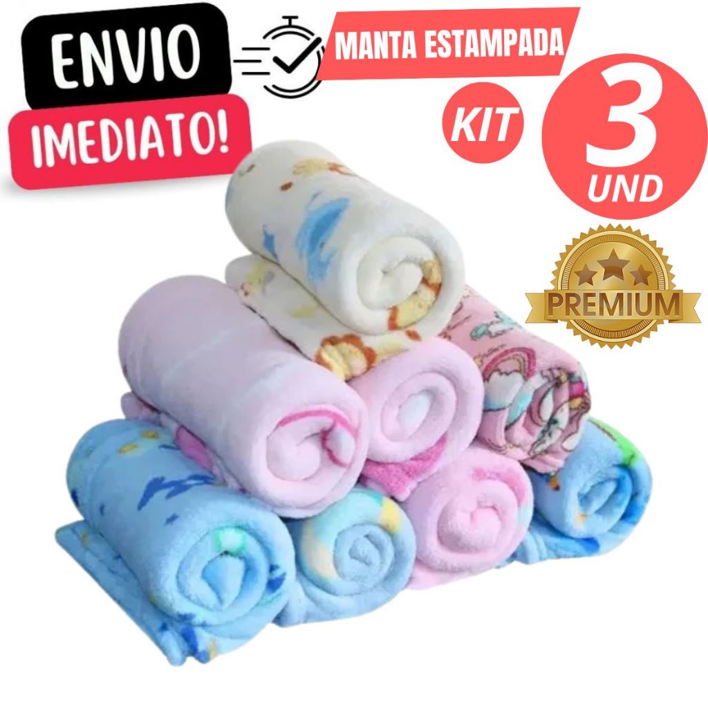 Kit 3 Manta bebê Cobertor Mantinha Microfibra Est