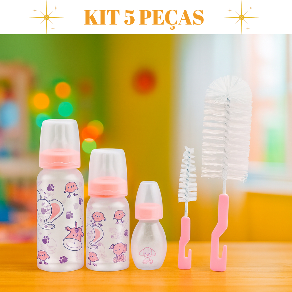 Kit 5 Peças Para Bebê 3 Mamadeiras Bico Silicone