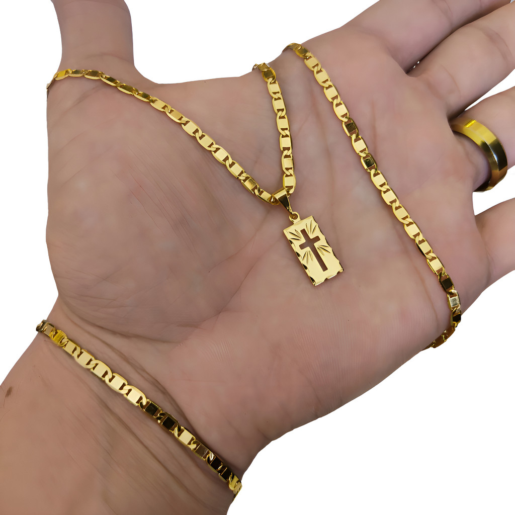 Corrente Piastrine + Pulseira + Pingente Placa Cru