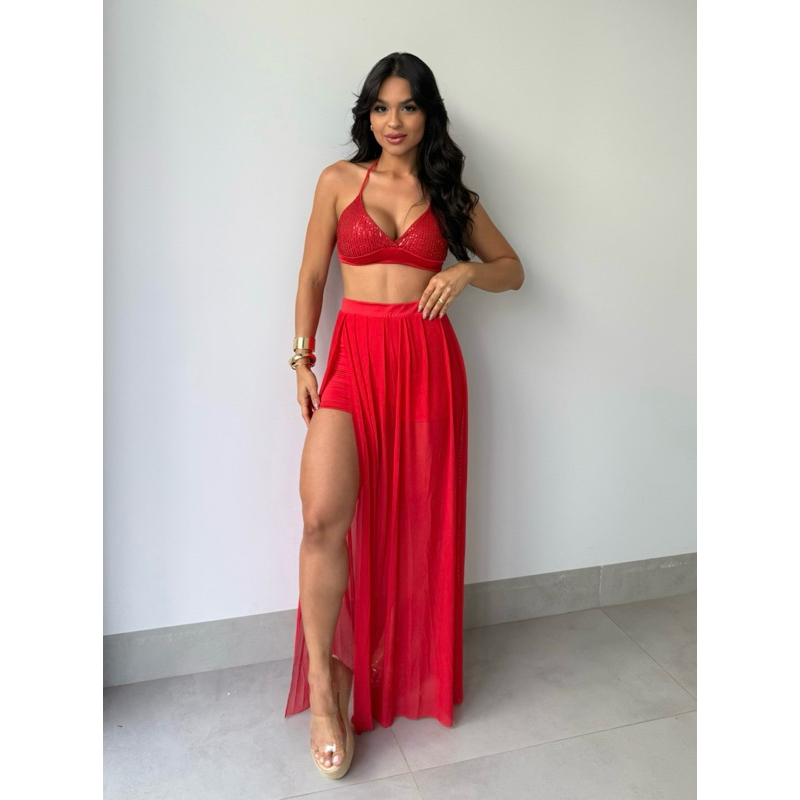 Conjunto feminino top paete decote V short saia de