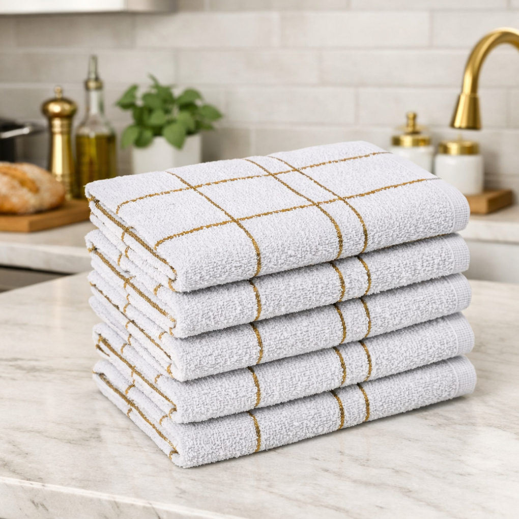 5 Pano Prato Cozinha Xadrez Branco c/ Dourado Gran