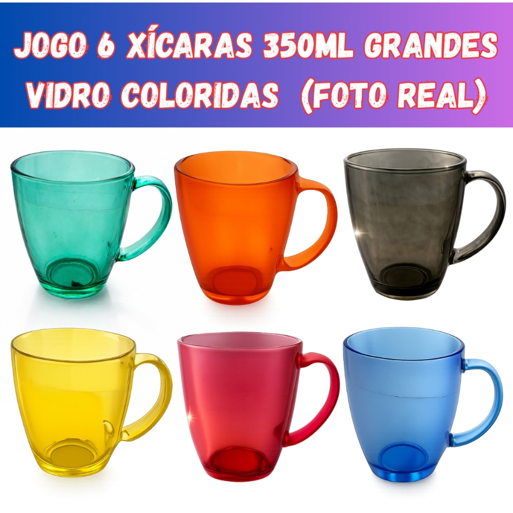 Jogo 6 Canecas Xícaras Grande Coloridas Luxo Vidr