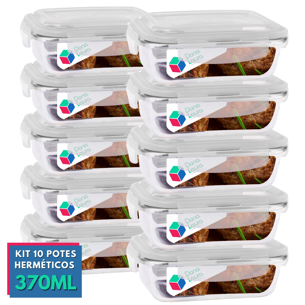 Kit 10 Potes de Vidro 370ml Hermético Marmita Fit