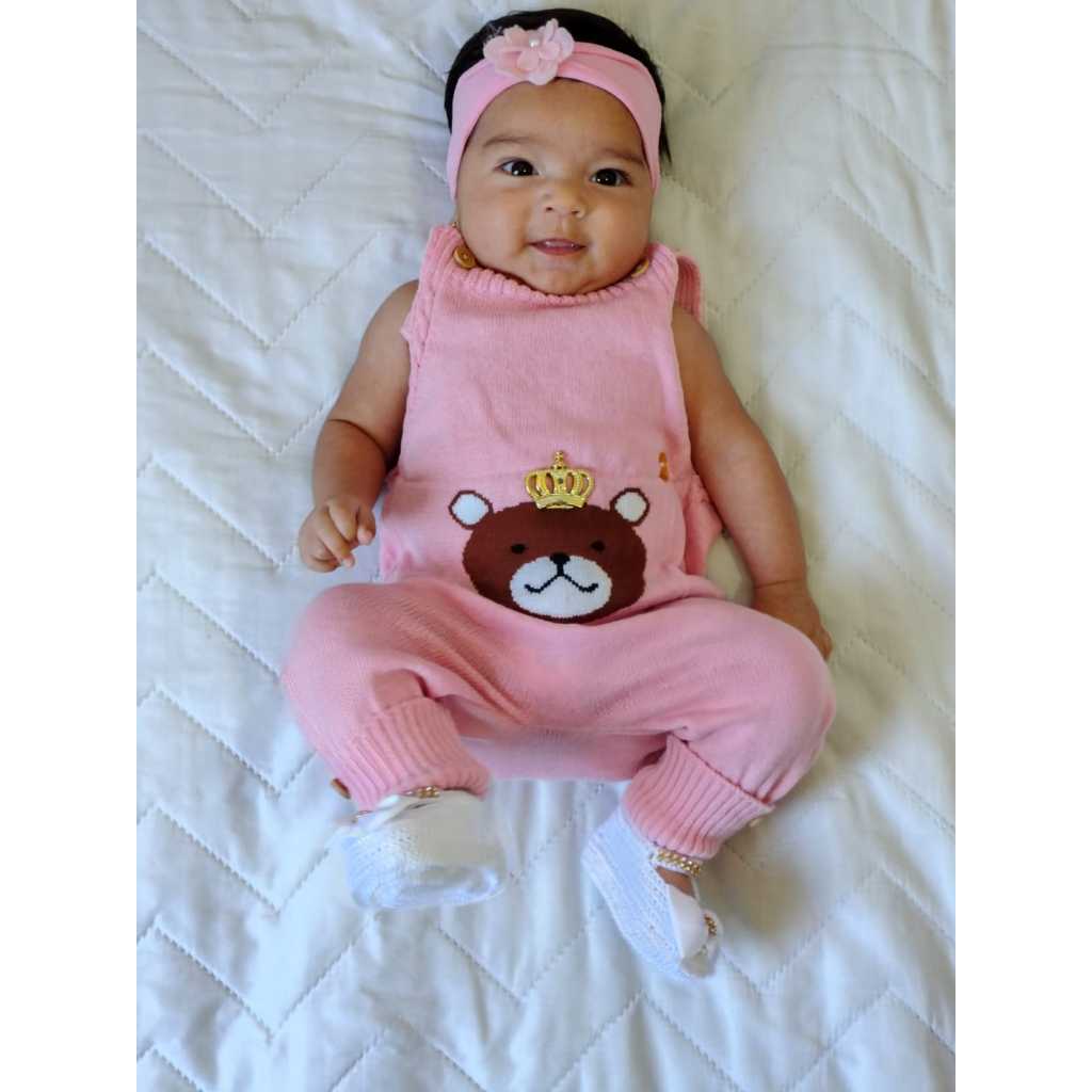 Macacão Jardineira Coroa Menina Tricô Modal Cara