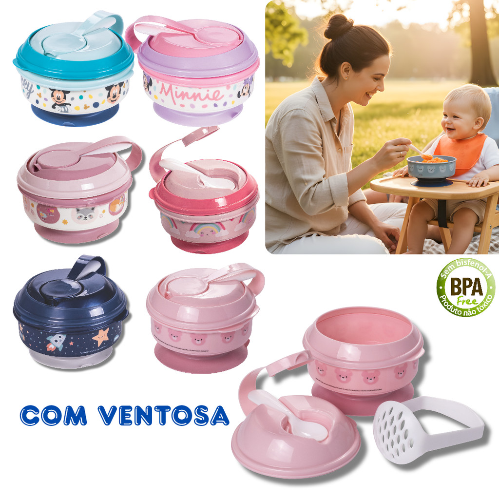 Kit 3 em 1 pote papinha sopa com amassador ventosa