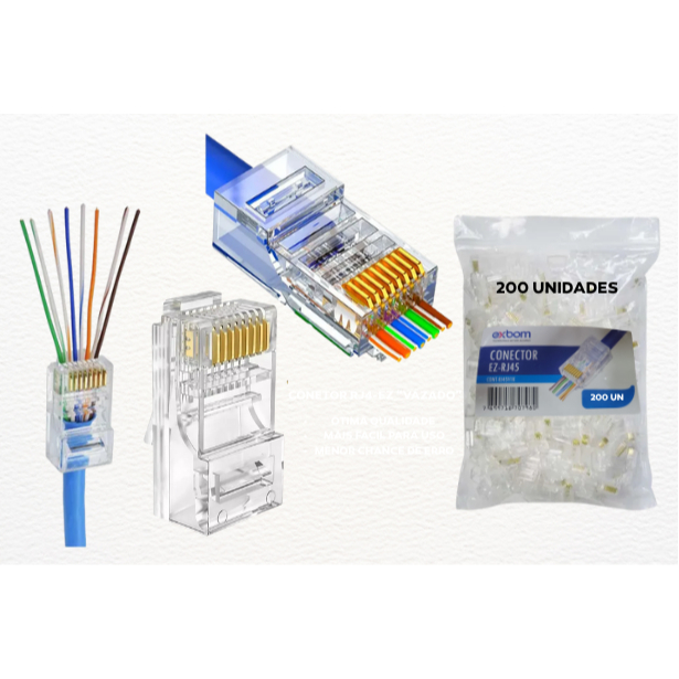 KIT 100 Conector RJ45 Vazado Passagem EZ Crimp 8 P