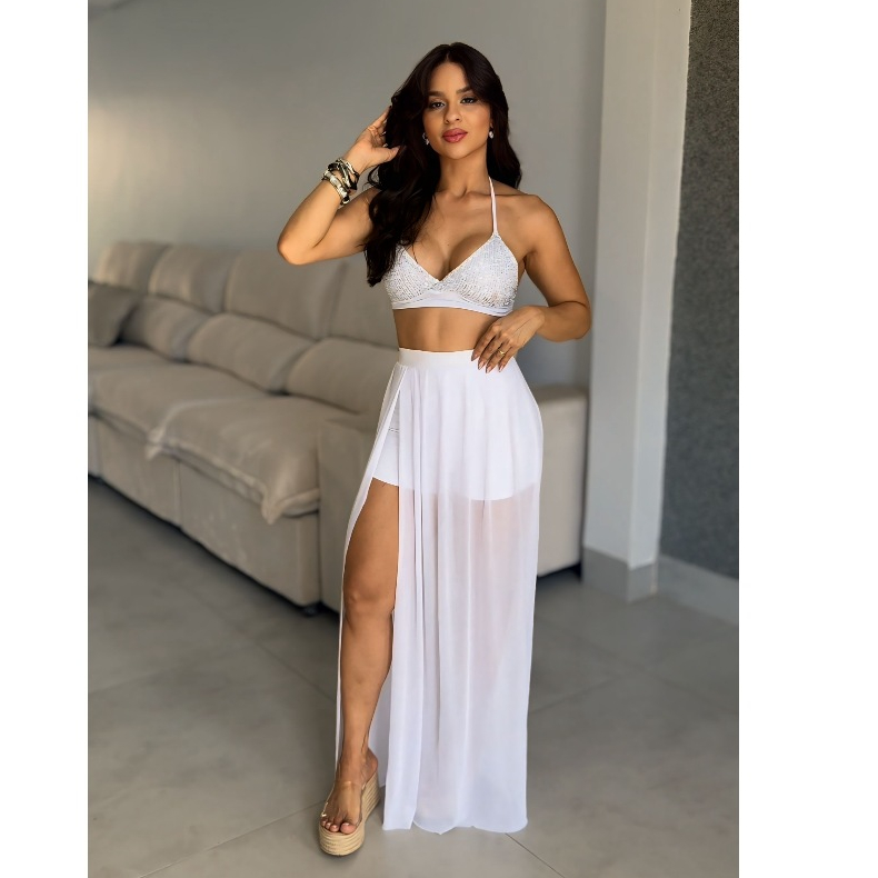 Conjunto top paete lantejoula brilho short saia lo