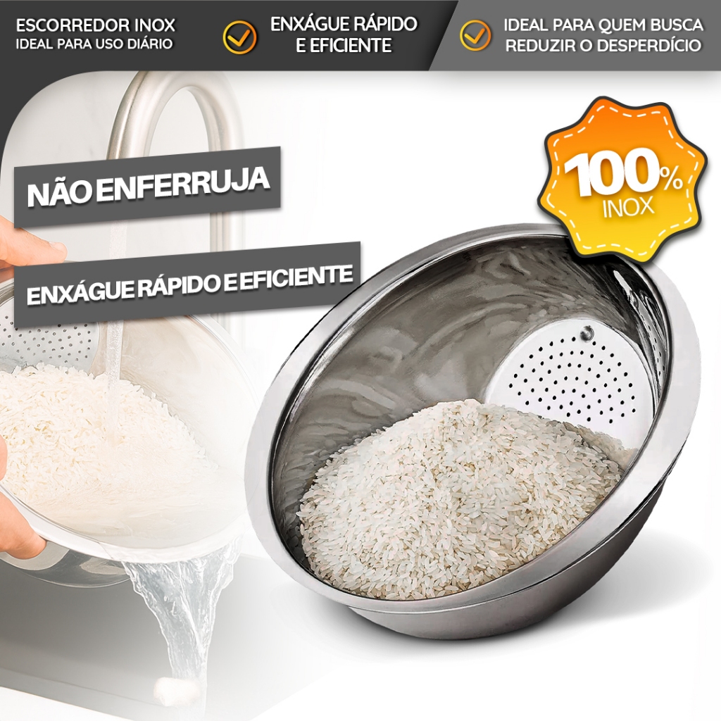 Escorredor de Arroz Inox Premium com Dreno Inclina