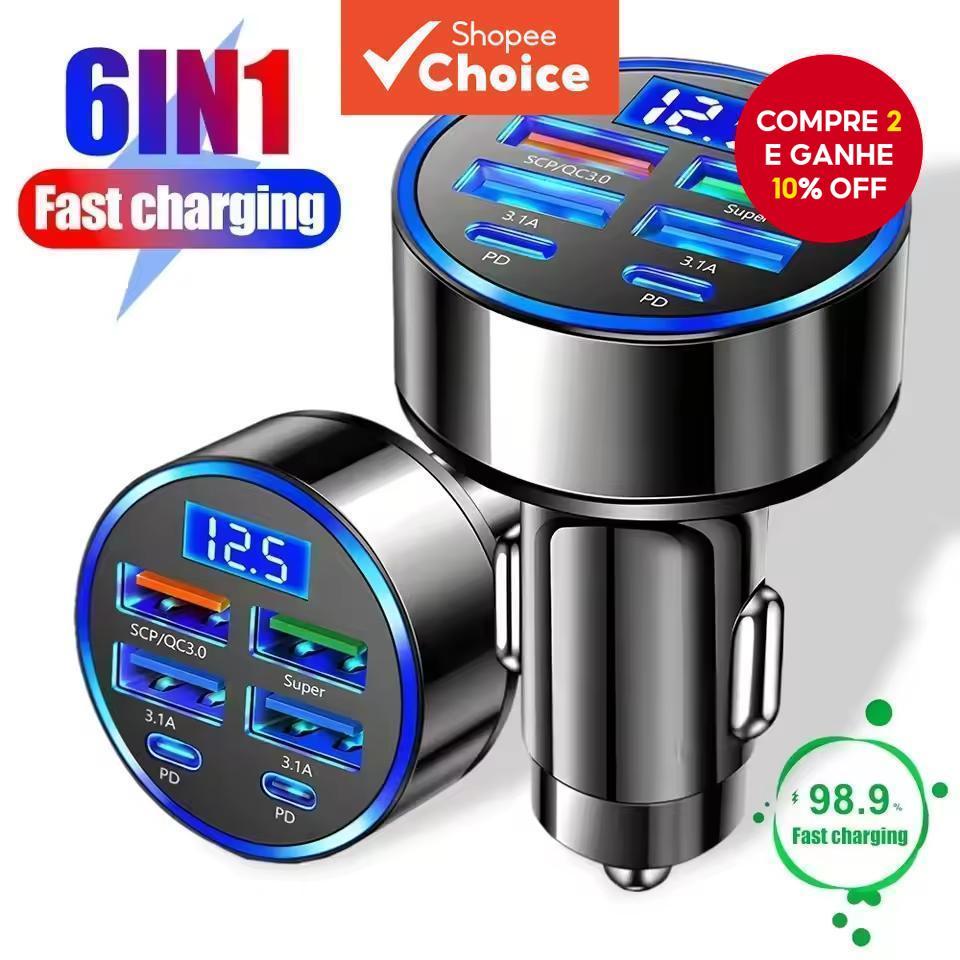 Carregador de Carro USB Tipo C 6 Portas Carregamen