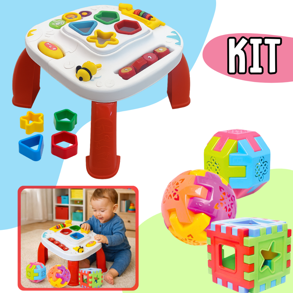 Kit Mesa + 3 Brinquedos Educativo Cubo Brinquedo D