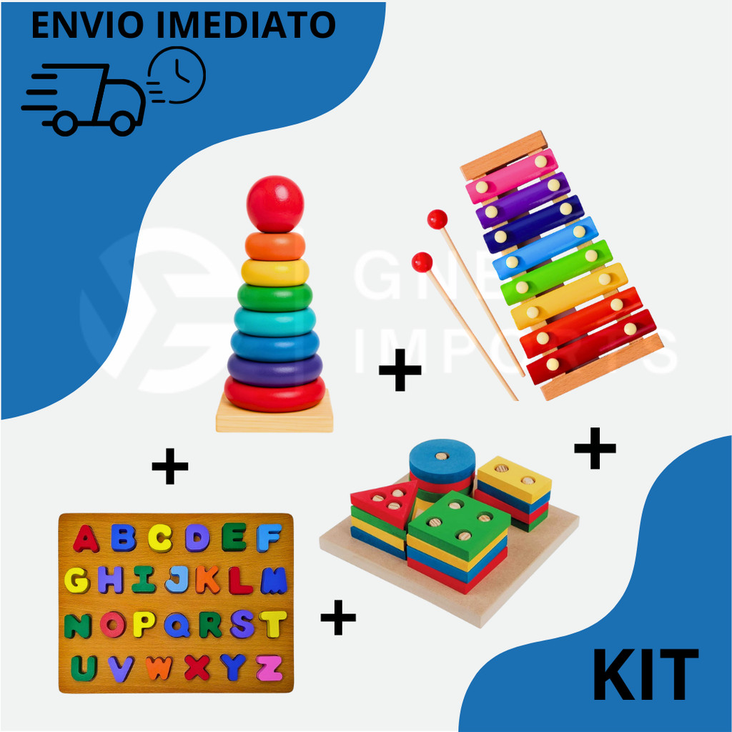 KIT Brinquedos Montessori de Madeira  Torre de Enc