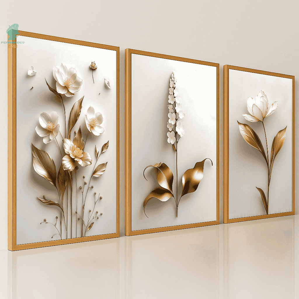 Quadros Decorativos Trio Flor Branca com Dourada A