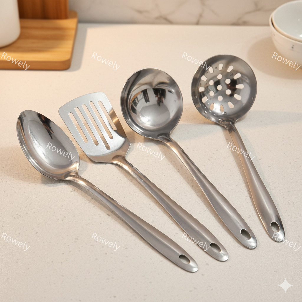 Kit Utensílios de Cozinha Inox 4 Peças: Concha, 