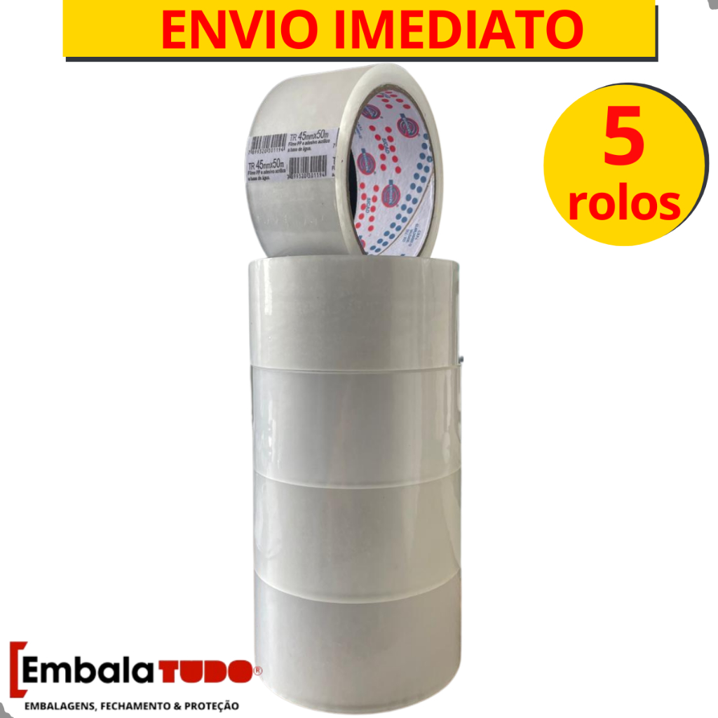 5 rolos Fita Adesiva Transparente 45mm X 50 Metros